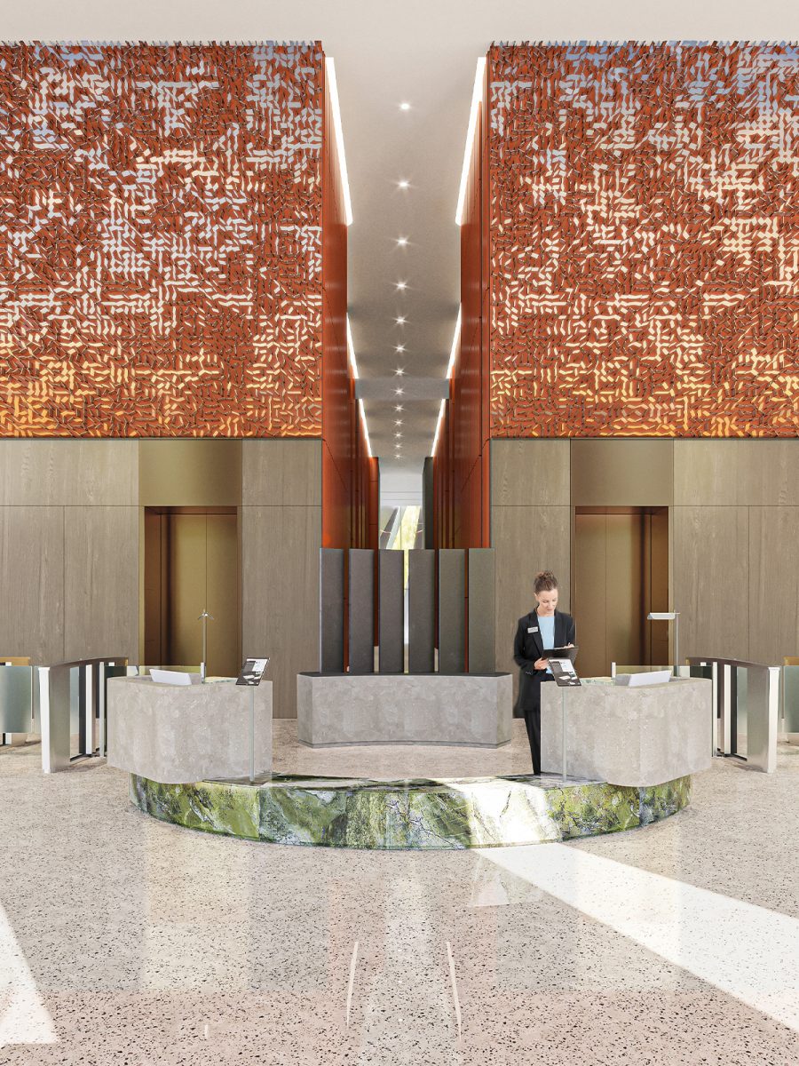 Reception area of office lobby entering lifts