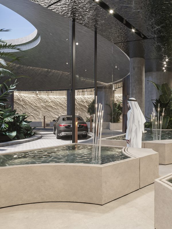 Financial office design in Dubai showing man walking out of luxurious building